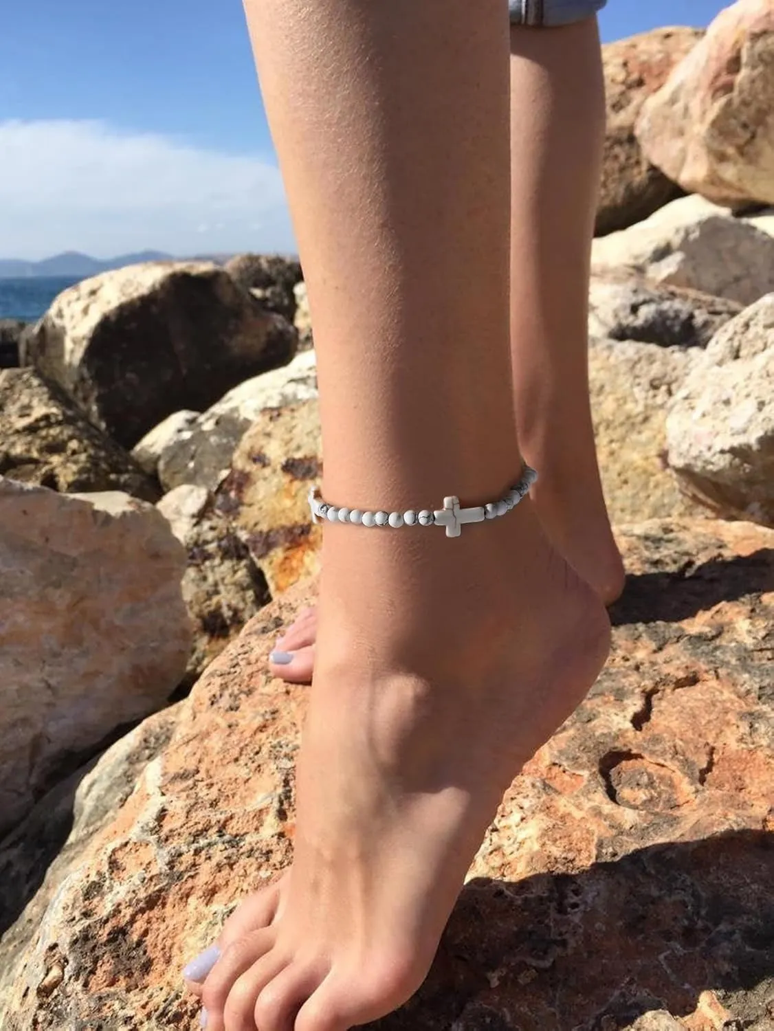 Starain Stone Beaded Anklets for Women Handmade Beach Turquoise Beads Ankle Bracelet Trendy Boho Cross Bead Anklet Jewelry 8 inch Adjustable