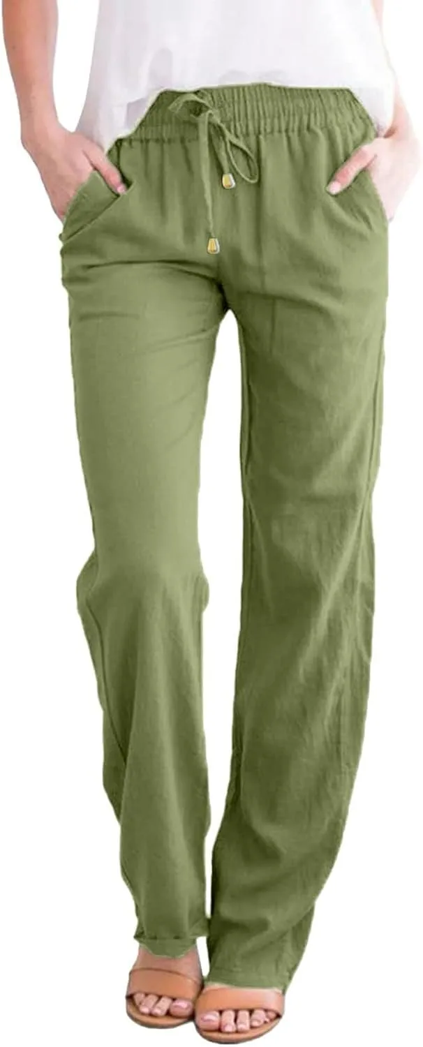 Straight Leg Linen Pants Women Summer Boho Pants Lightweight Loose Cotton Pants High Waisted Lounge Pants Trousers