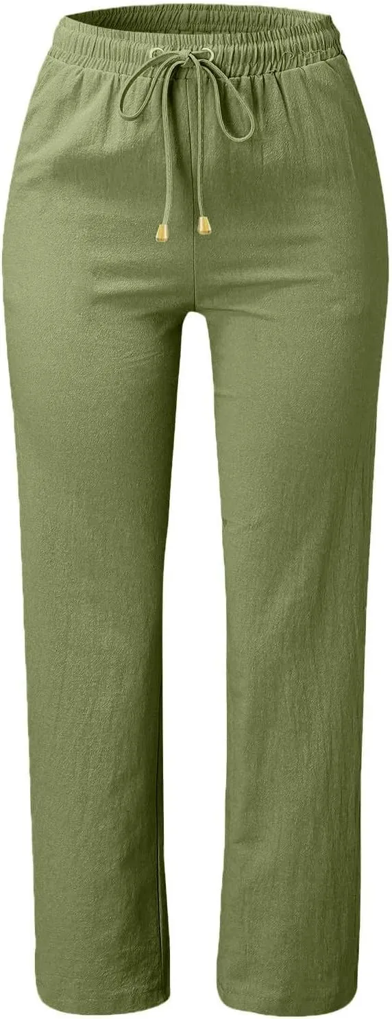 Straight Leg Linen Pants Women Summer Boho Pants Lightweight Loose Cotton Pants High Waisted Lounge Pants Trousers