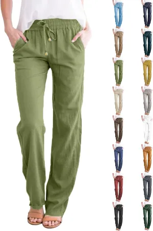 Straight Leg Linen Pants Women Summer Boho Pants Lightweight Loose Cotton Pants High Waisted Lounge Pants Trousers