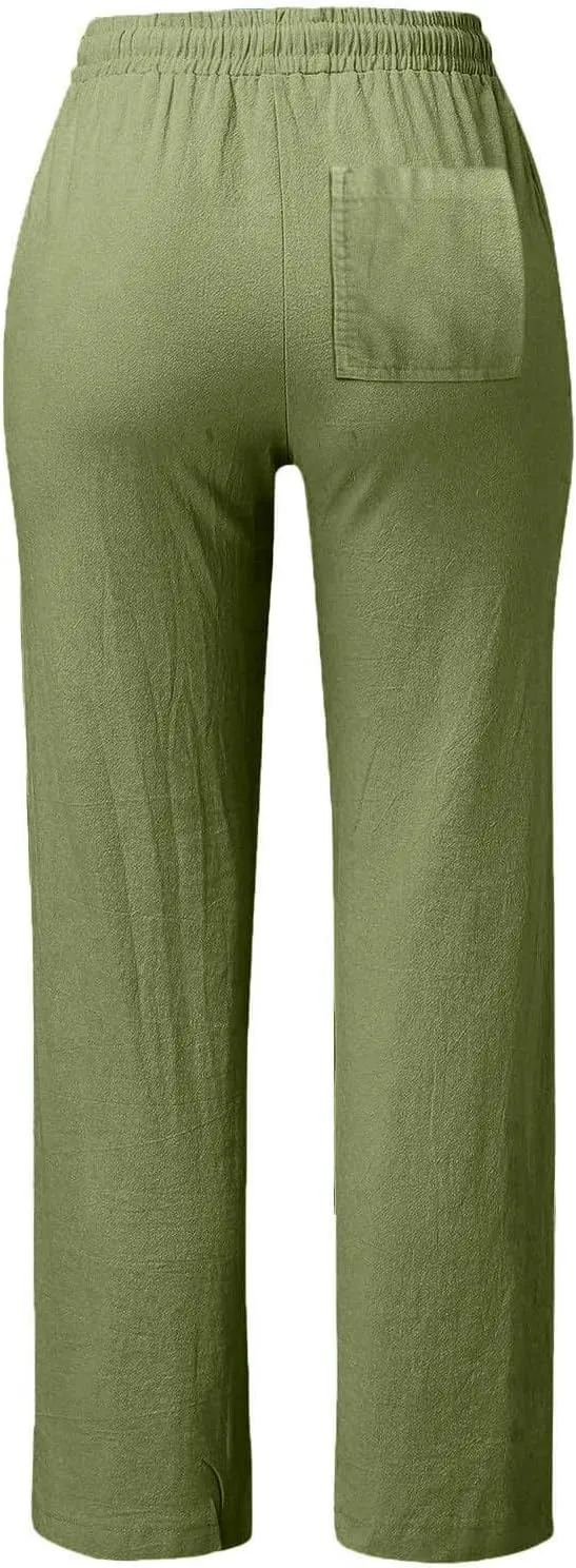 Straight Leg Linen Pants Women Summer Boho Pants Lightweight Loose Cotton Pants High Waisted Lounge Pants Trousers