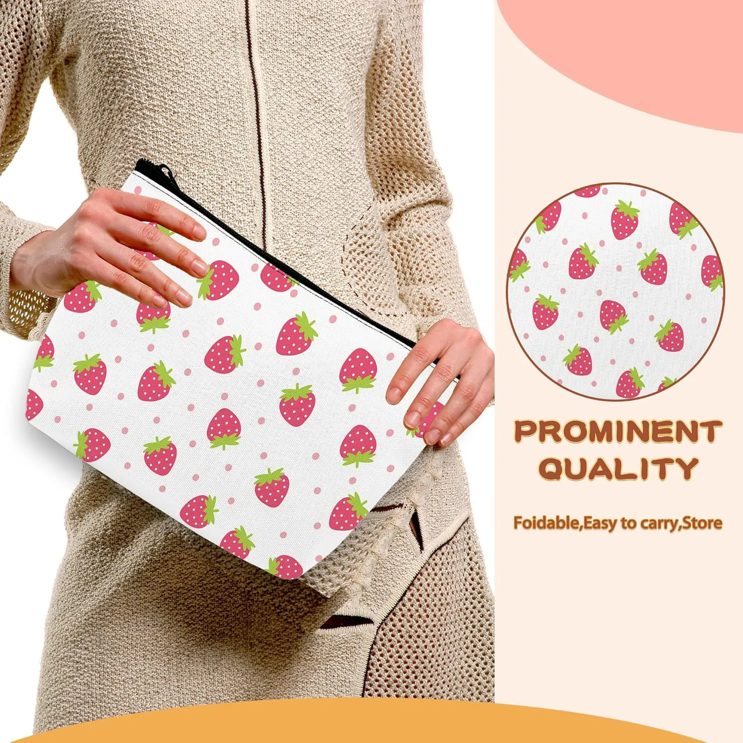 Strawberry with Pink Polka Dot Cosmetic Bags Makeup Bags Toiletry Bag Large Capacity Organizer Pouch with Zipper Travel Accessories for Women Girls