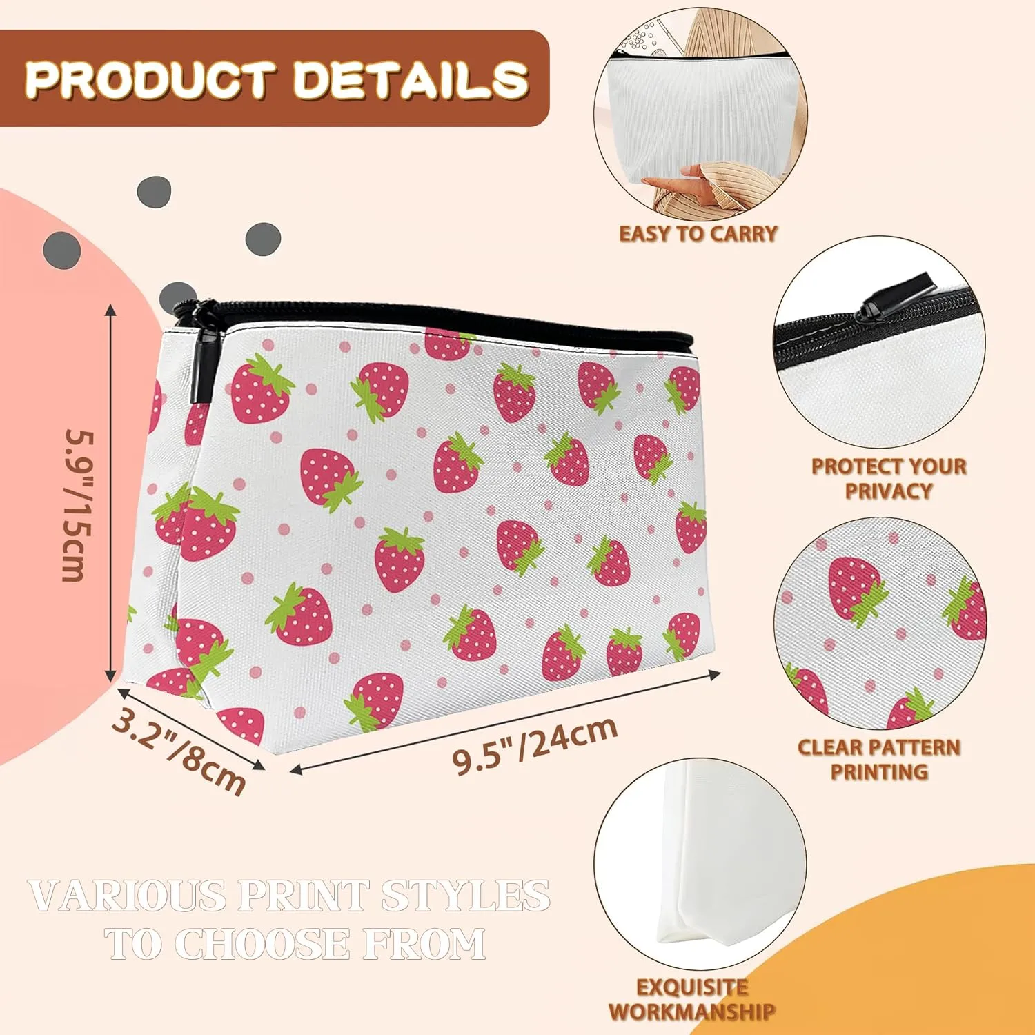Strawberry with Pink Polka Dot Cosmetic Bags Makeup Bags Toiletry Bag Large Capacity Organizer Pouch with Zipper Travel Accessories for Women Girls