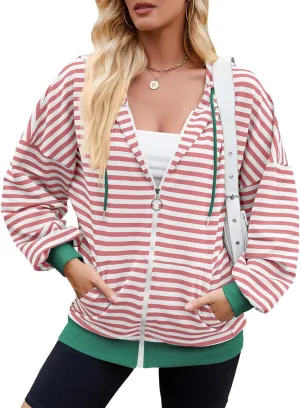 Striped Hoodie for Women Y2k Oversized Zip Up Jackets with Pockets Casual Comfy Drawstring Hooded Sweatshirt Outfits