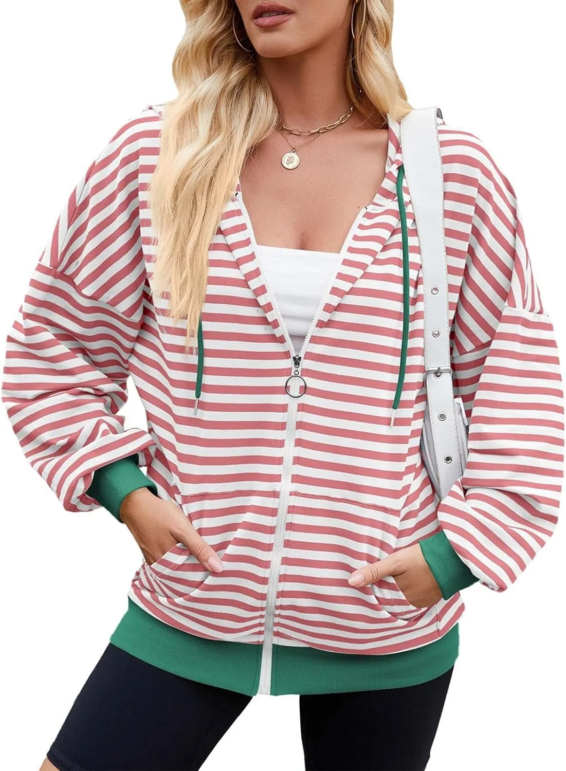 Striped Hoodie for Women Y2k Oversized Zip Up Jackets with Pockets Casual Comfy Drawstring Hooded Sweatshirt Outfits
