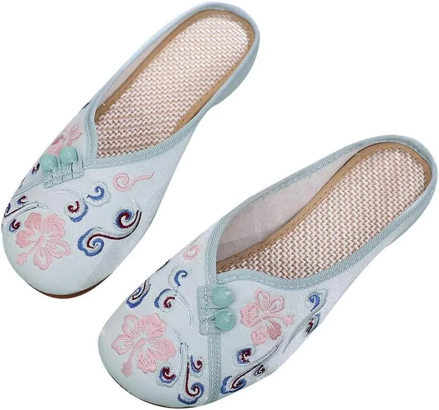 Stunner Flat Mules for Women Round Toe Vintage Embroidered Slip on Loafers Backless Mules
