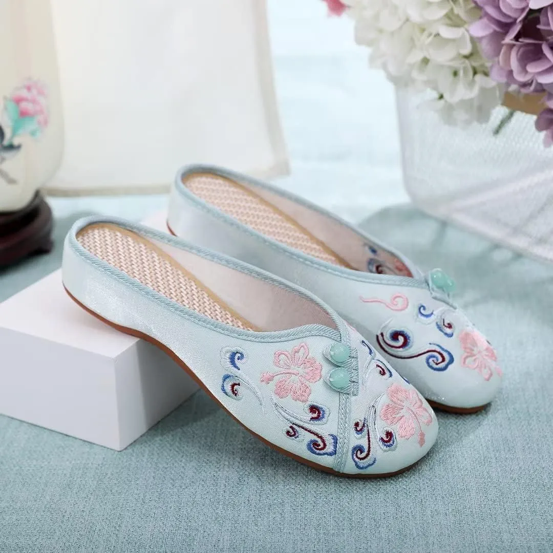 Stunner Flat Mules for Women Round Toe Vintage Embroidered Slip on Loafers Backless Mules