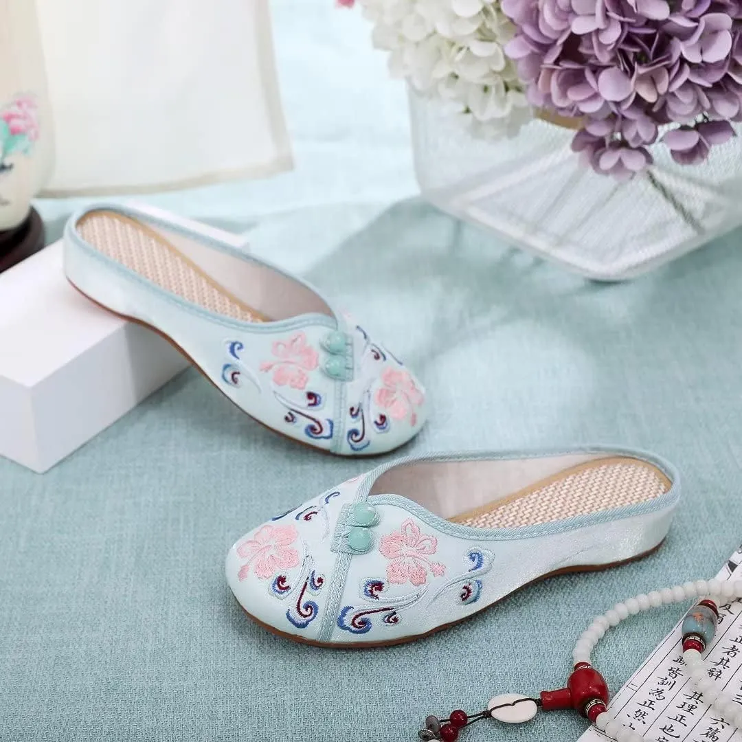 Stunner Flat Mules for Women Round Toe Vintage Embroidered Slip on Loafers Backless Mules