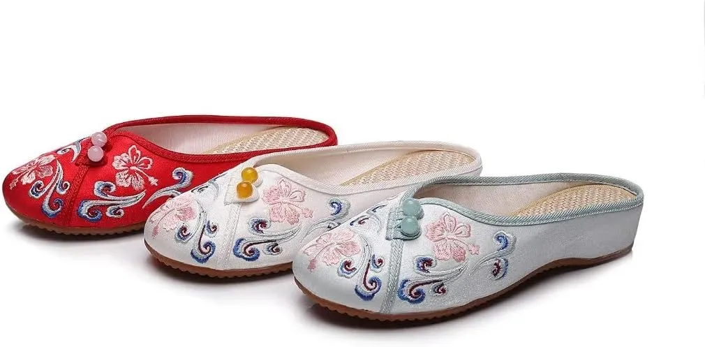Stunner Flat Mules for Women Round Toe Vintage Embroidered Slip on Loafers Backless Mules
