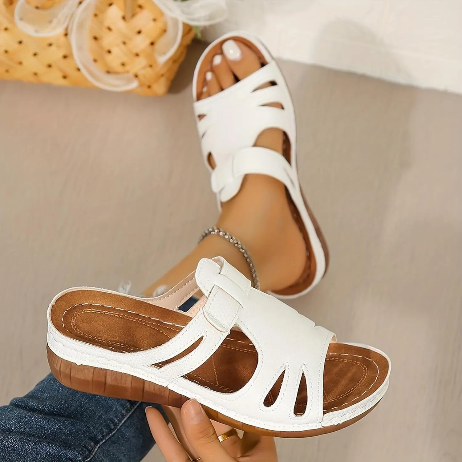 SuanlaTDS Platform Sandals for Women Wedge Comfortable Orthopedic Shoes Dressy Summer Casual Outdoor Walking Flat Slip On Open Toe Wedges Low Heels Slide Sandals with Arch Support