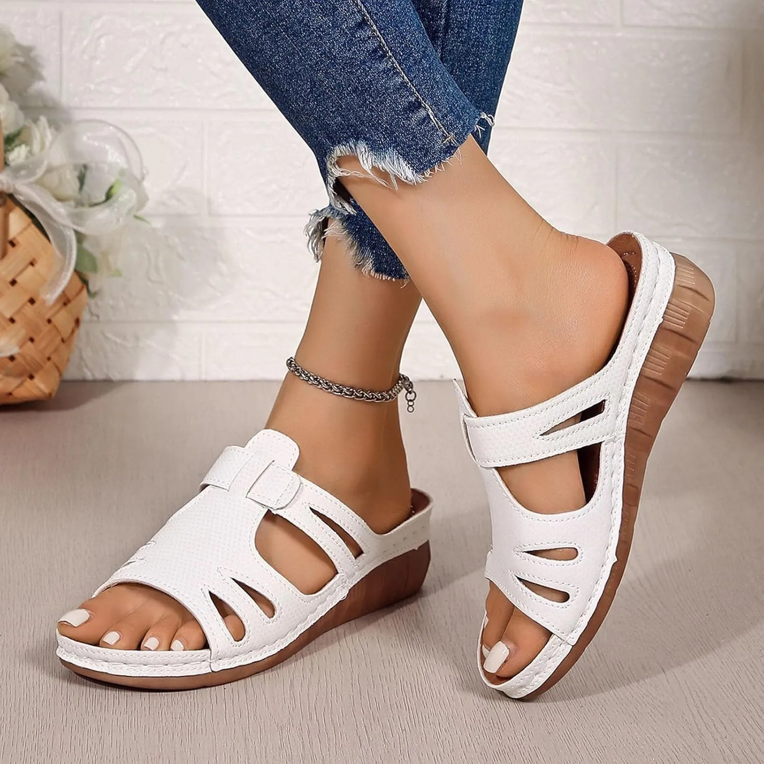 SuanlaTDS Platform Sandals for Women Wedge Comfortable Orthopedic Shoes Dressy Summer Casual Outdoor Walking Flat Slip On Open Toe Wedges Low Heels Slide Sandals with Arch Support