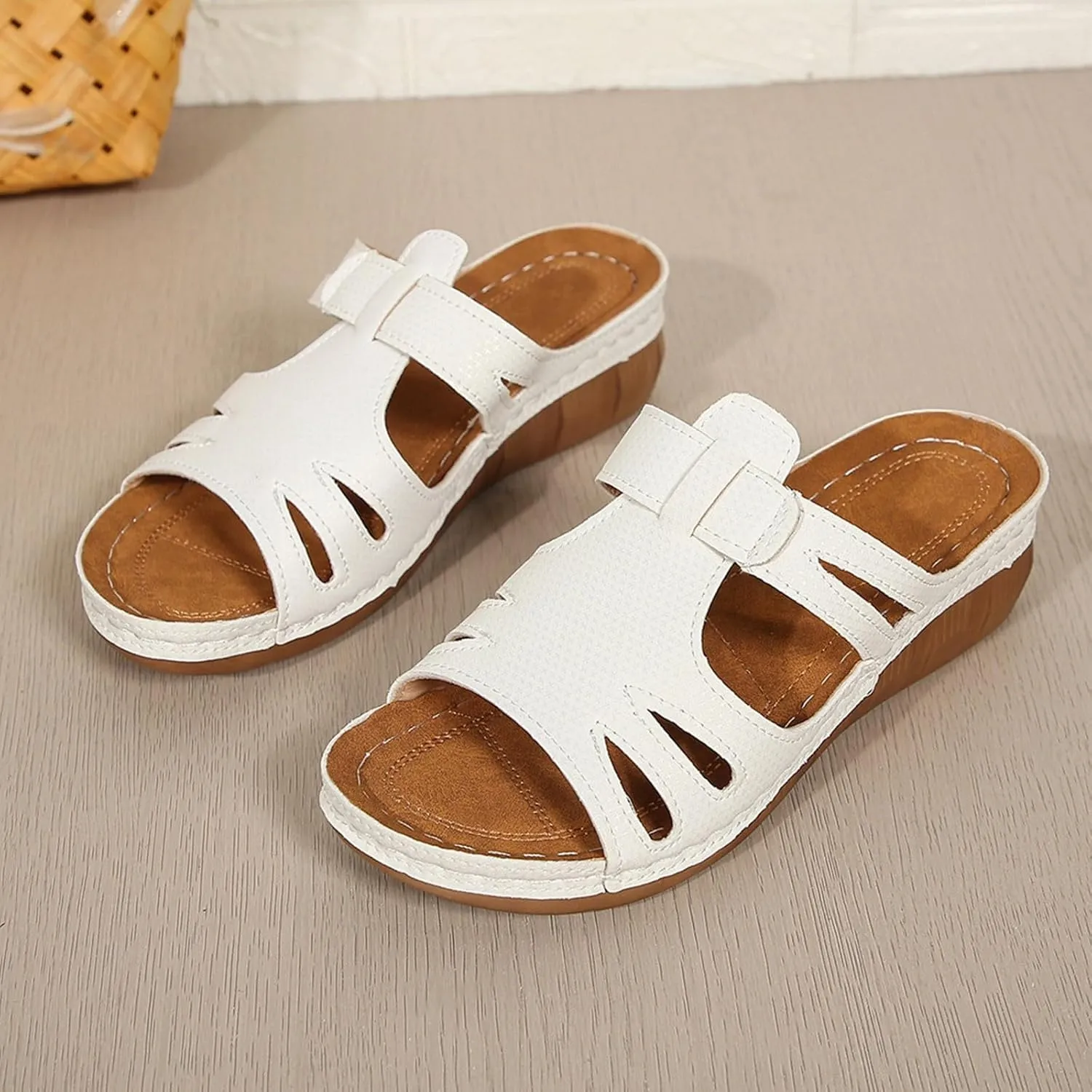 SuanlaTDS Platform Sandals for Women Wedge Comfortable Orthopedic Shoes Dressy Summer Casual Outdoor Walking Flat Slip On Open Toe Wedges Low Heels Slide Sandals with Arch Support