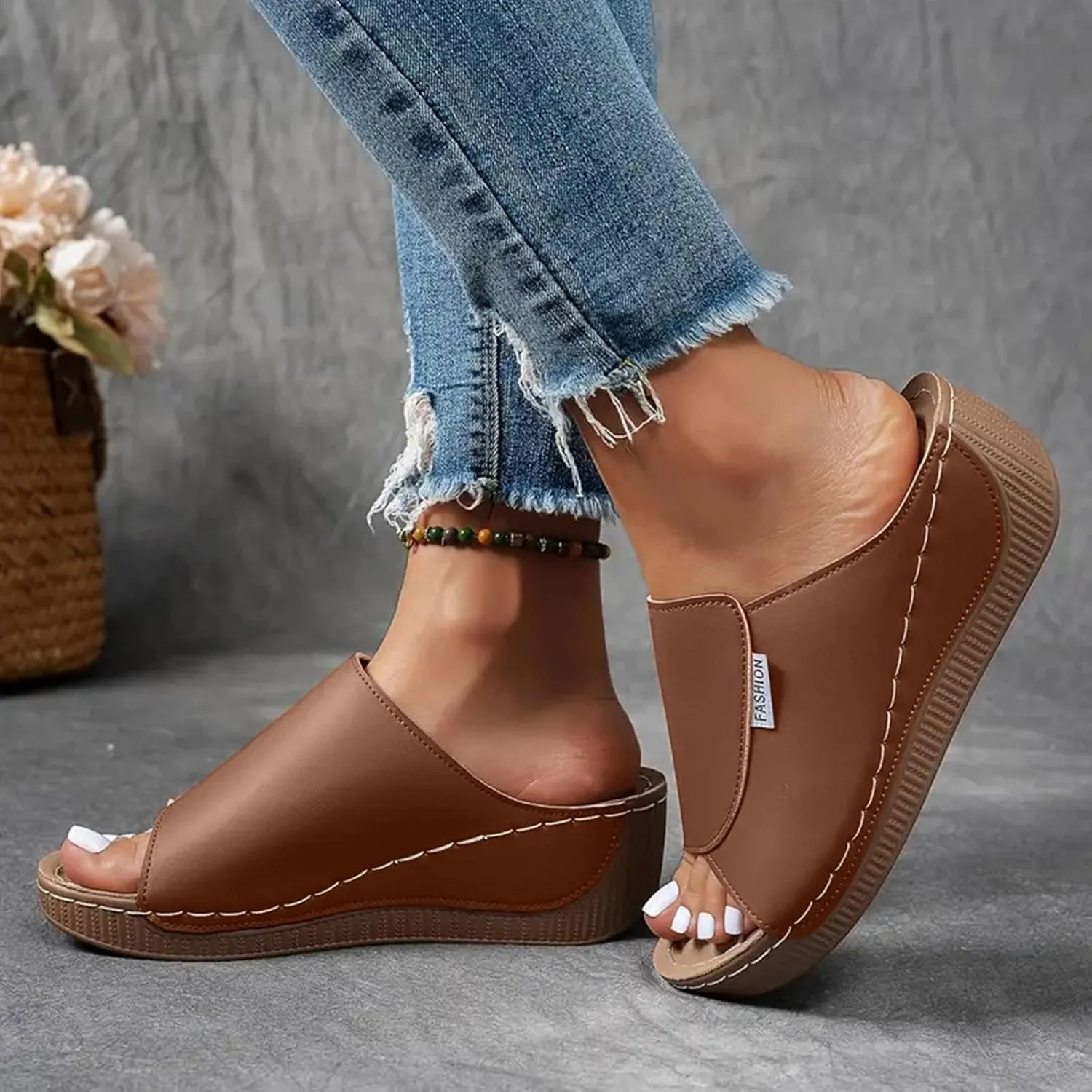 SuanlaTDS Wedge Sandals for Women 2025 Summer Orthopedic Arch Support Mid Heels Platform Slip-on Comfortable Walking Shoes Wide Width Open Toe Bohemian Beach Wedding Dressy Outdoor Slippers