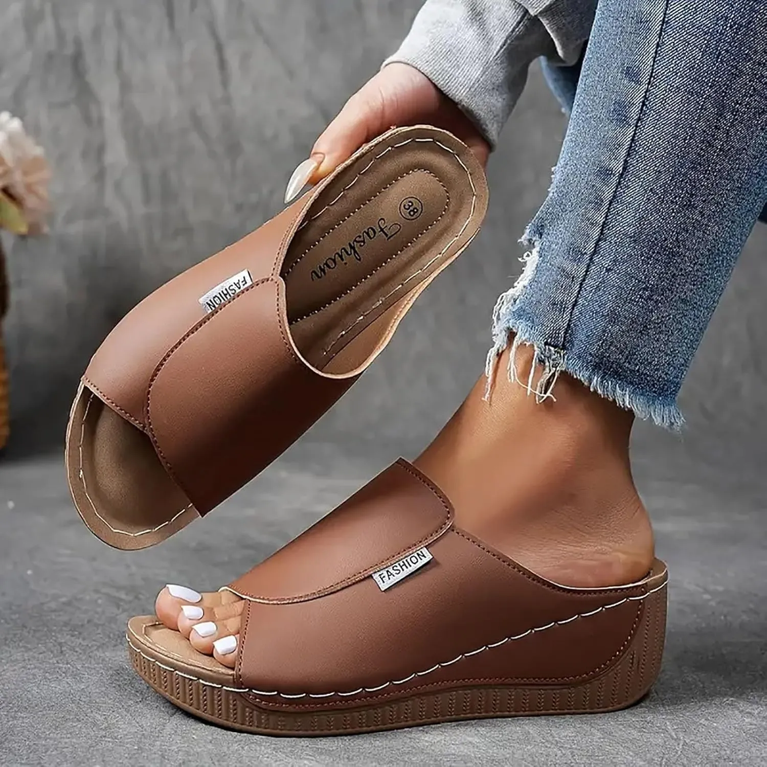 SuanlaTDS Wedge Sandals for Women 2025 Summer Orthopedic Arch Support Mid Heels Platform Slip-on Comfortable Walking Shoes Wide Width Open Toe Bohemian Beach Wedding Dressy Outdoor Slippers