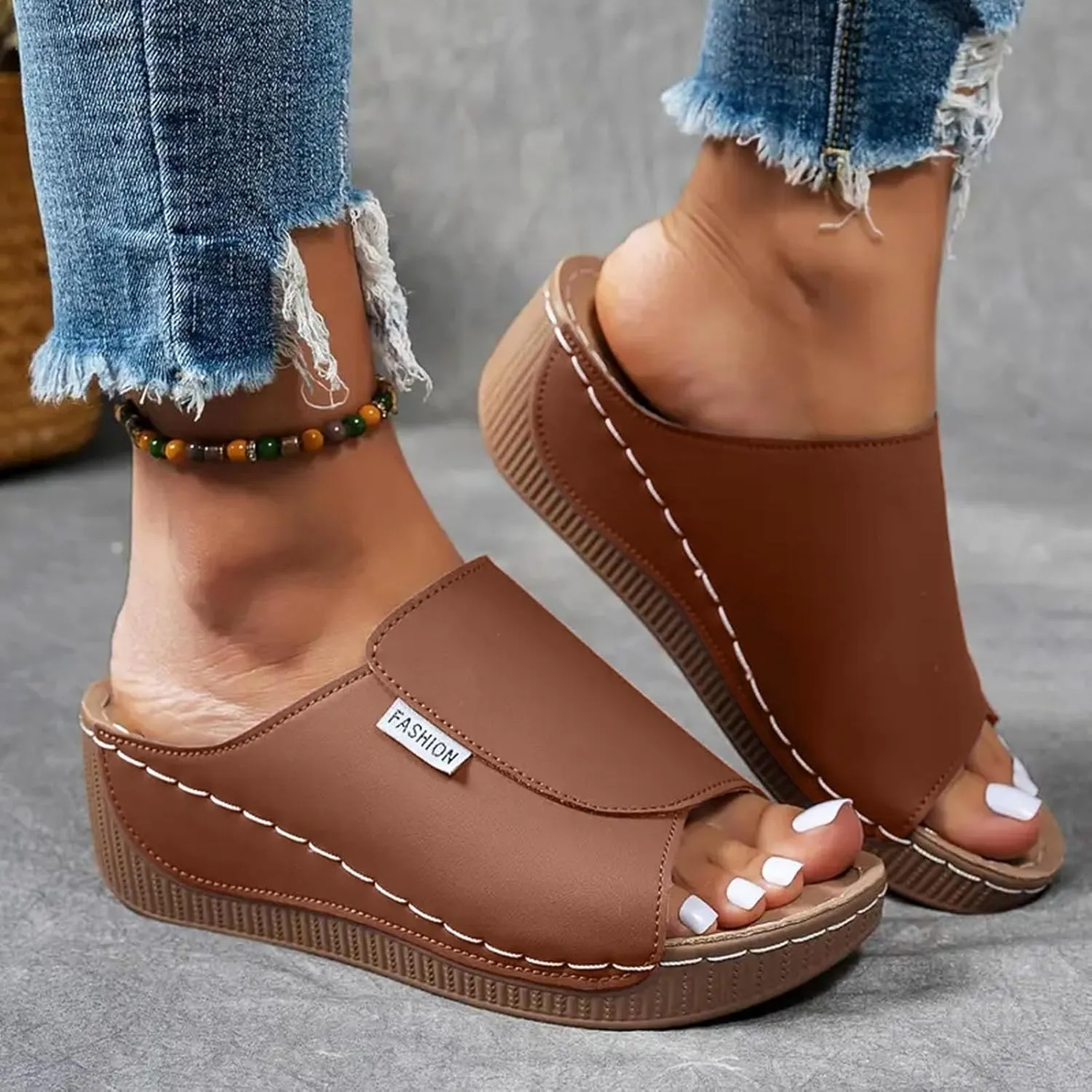 SuanlaTDS Wedge Sandals for Women 2025 Summer Orthopedic Arch Support Mid Heels Platform Slip-on Comfortable Walking Shoes Wide Width Open Toe Bohemian Beach Wedding Dressy Outdoor Slippers