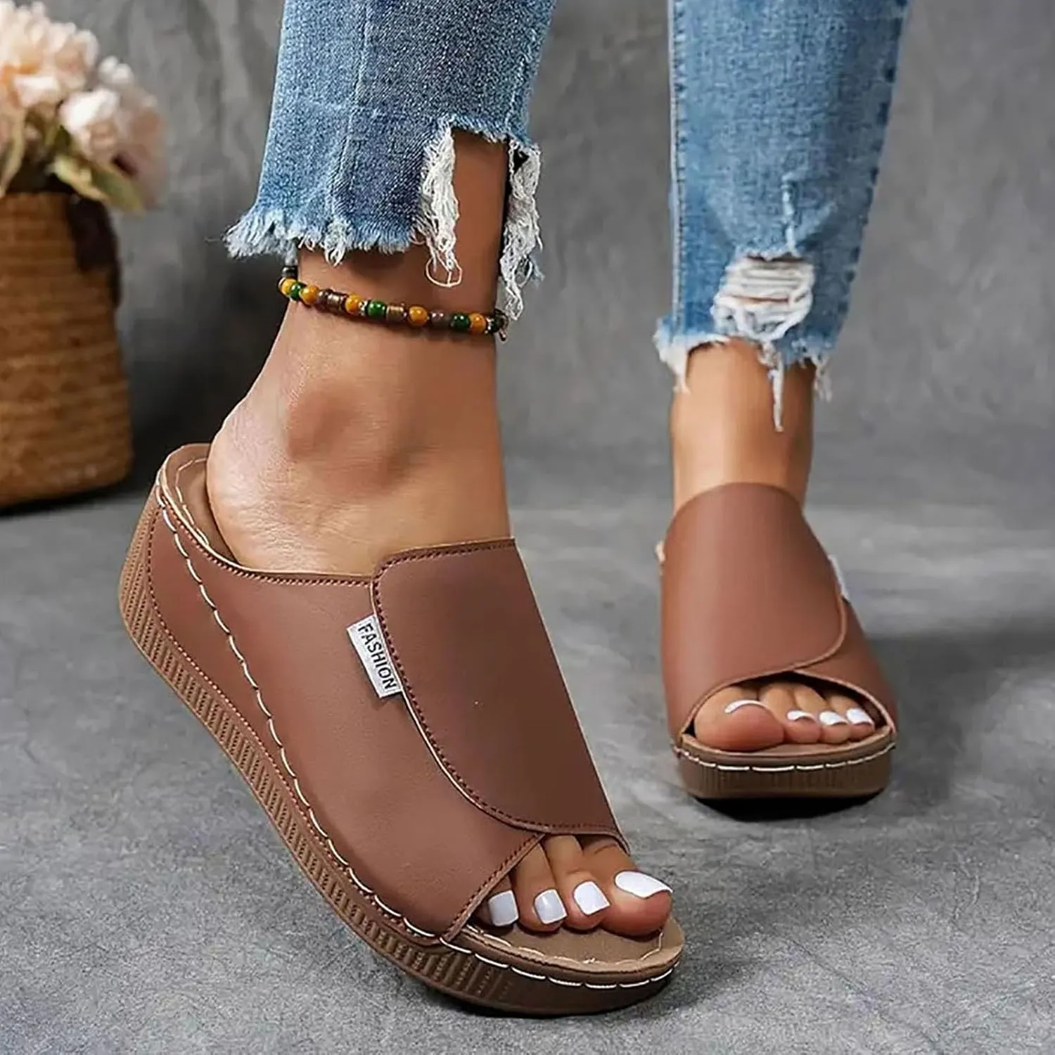 SuanlaTDS Wedge Sandals for Women 2025 Summer Orthopedic Arch Support Mid Heels Platform Slip-on Comfortable Walking Shoes Wide Width Open Toe Bohemian Beach Wedding Dressy Outdoor Slippers