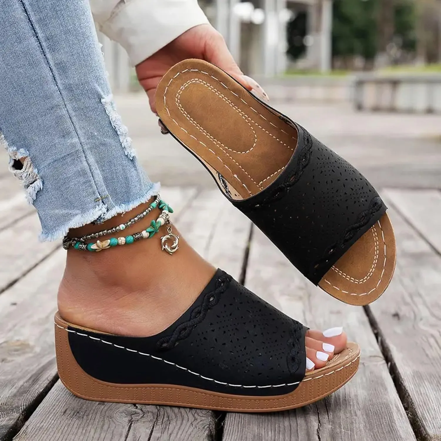 SuanlaTDS Wedge Sandals For Women Orthopedic Platform Arch Support Comfortable Dressy Summer 2025 Hollow Out Open Toe Casual Slip-on Walking Beach Shoes Low Heel Wedges Slippers