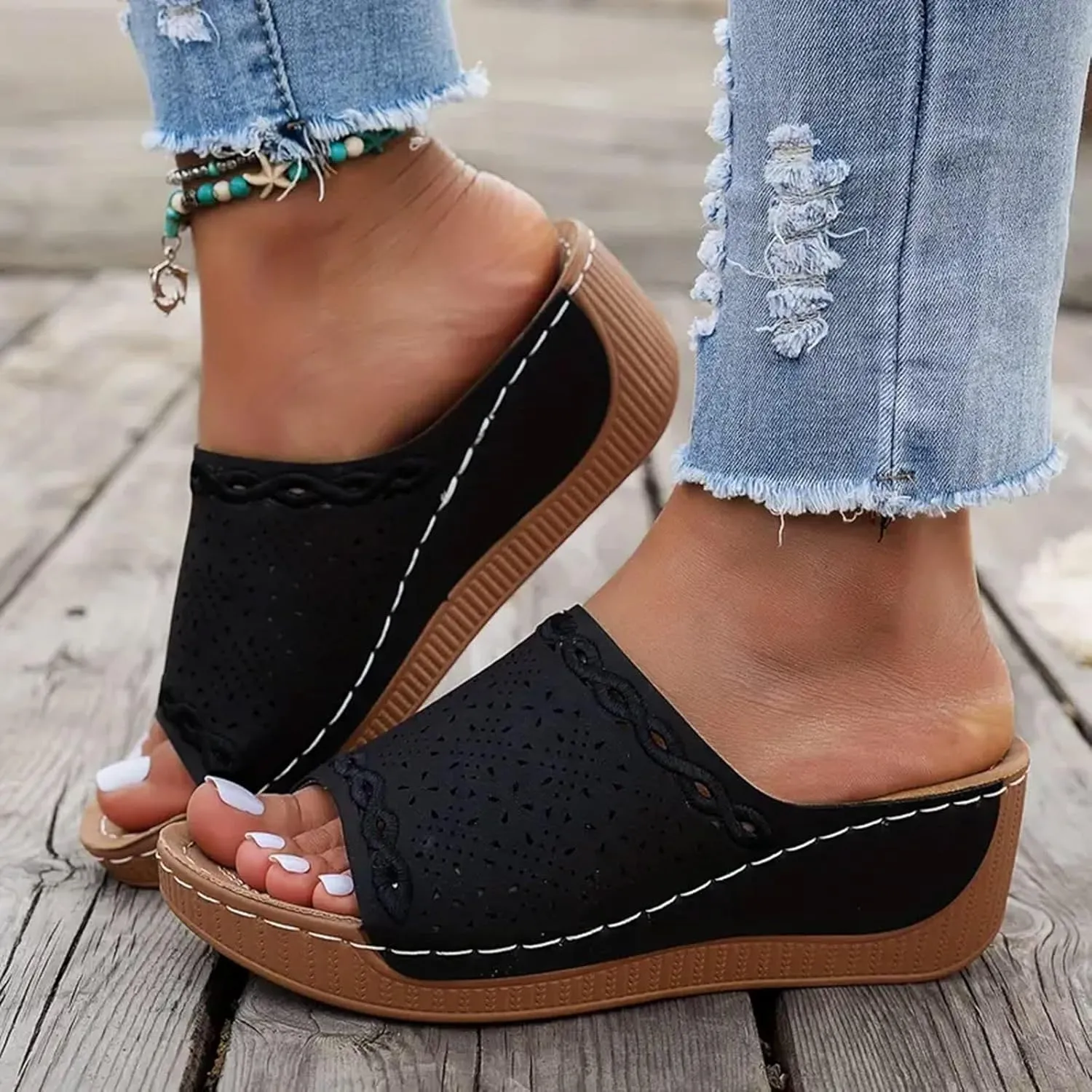SuanlaTDS Wedge Sandals For Women Orthopedic Platform Arch Support Comfortable Dressy Summer 2025 Hollow Out Open Toe Casual Slip-on Walking Beach Shoes Low Heel Wedges Slippers