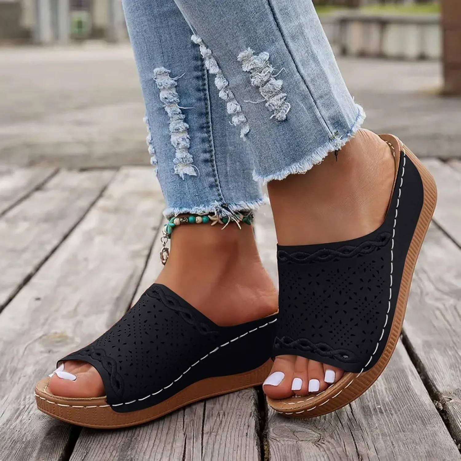 SuanlaTDS Wedge Sandals For Women Orthopedic Platform Arch Support Comfortable Dressy Summer 2025 Hollow Out Open Toe Casual Slip-on Walking Beach Shoes Low Heel Wedges Slippers