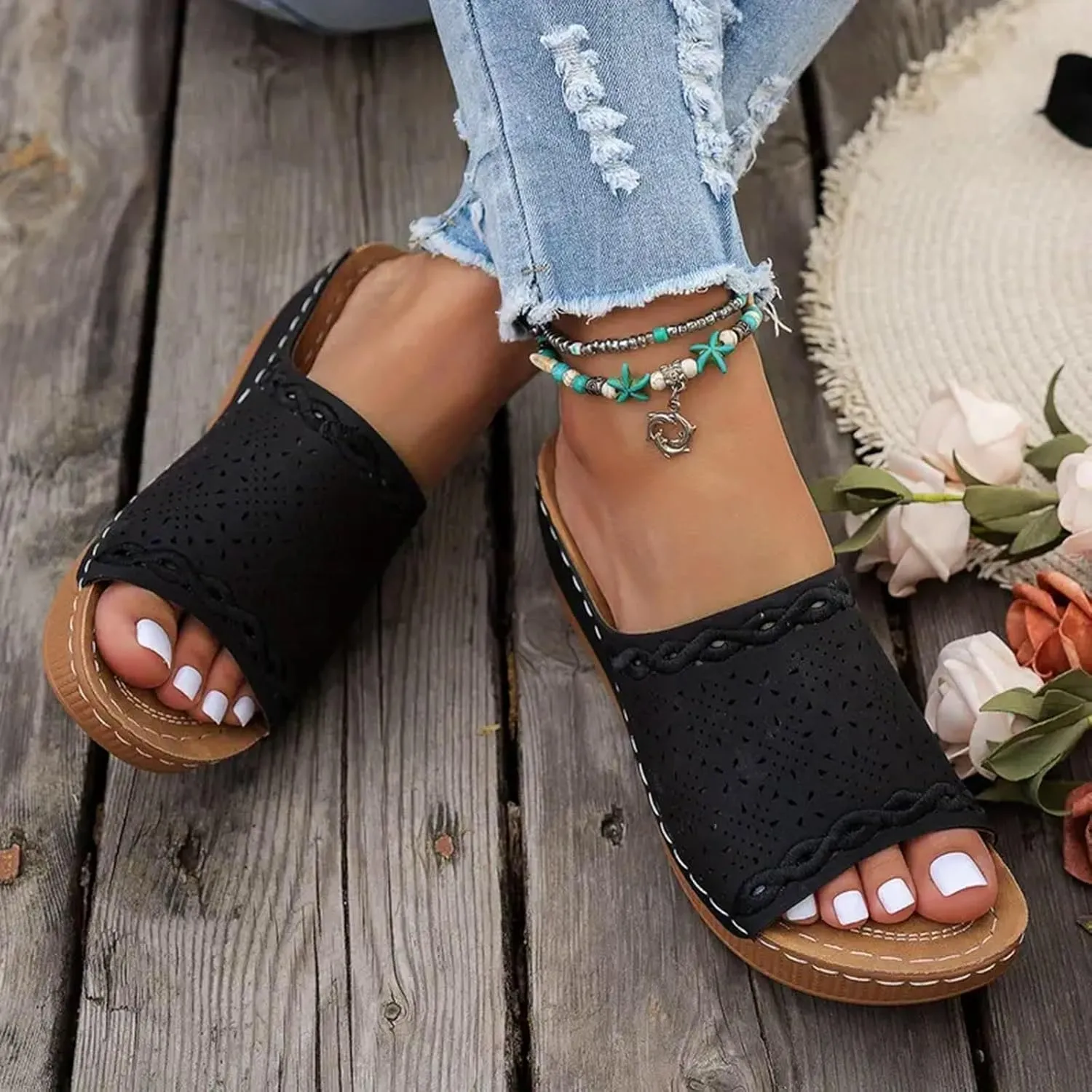 SuanlaTDS Wedge Sandals For Women Orthopedic Platform Arch Support Comfortable Dressy Summer 2025 Hollow Out Open Toe Casual Slip-on Walking Beach Shoes Low Heel Wedges Slippers