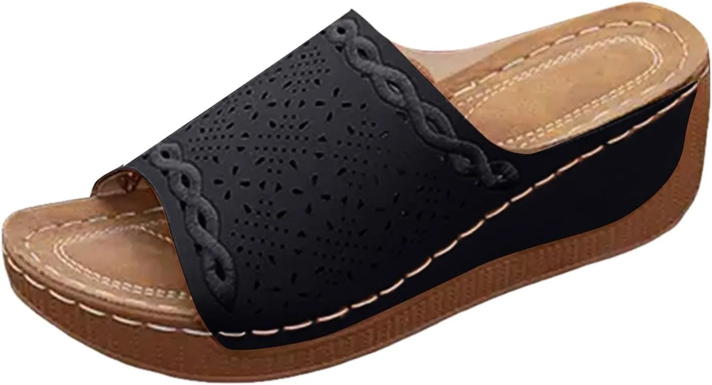 SuanlaTDS Wedge Sandals For Women Orthopedic Platform Arch Support Comfortable Dressy Summer 2025 Hollow Out Open Toe Casual Slip-on Walking Beach Shoes Low Heel Wedges Slippers