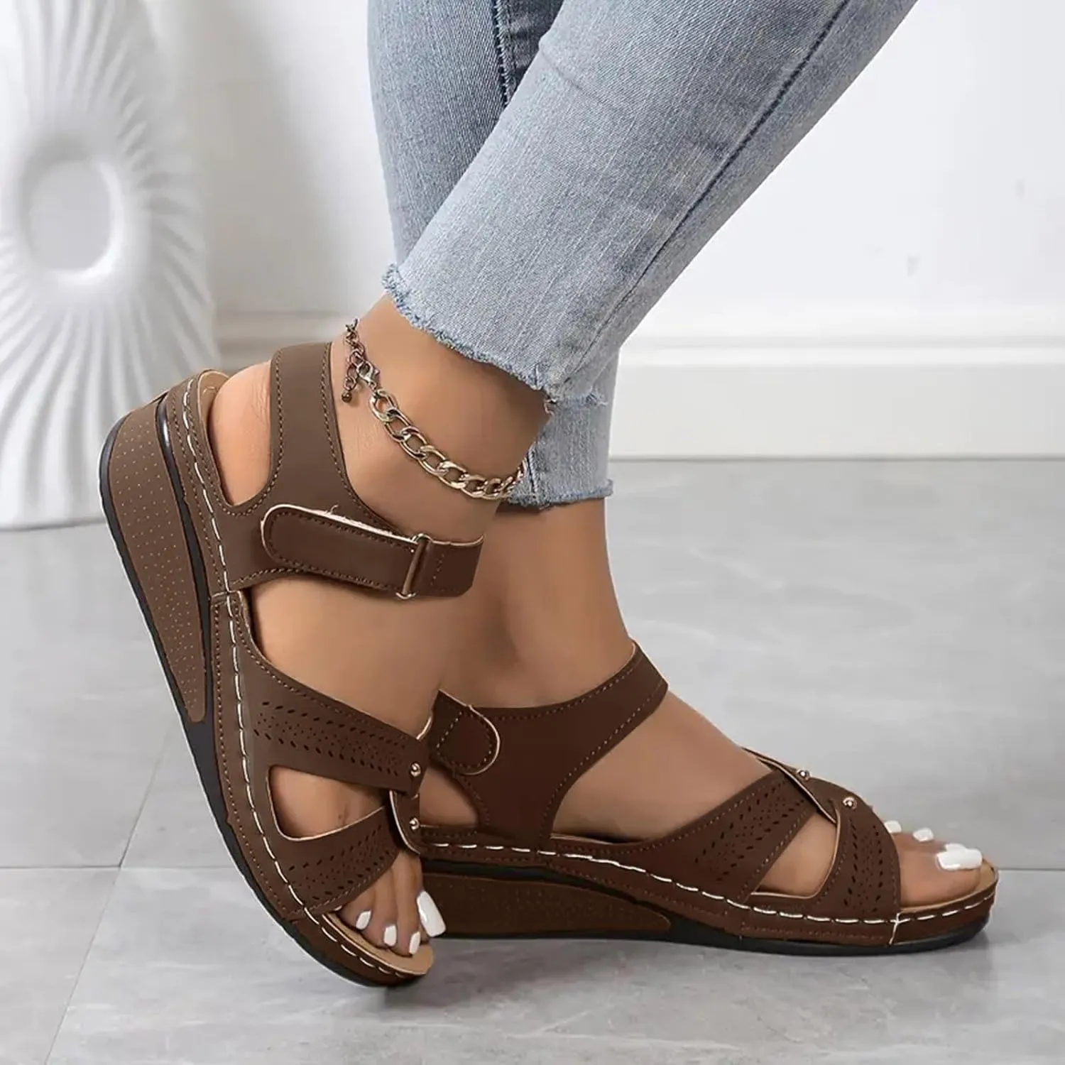 SuanlaTDS Women's Orthopedic Sandals Wedge 2025 Comfortable Arch Support Adjustable Ankle Strap Dressy Summer Open Toe Outdoor Walking Shoes Platform Low Heels Bohemian Wedges Sandal