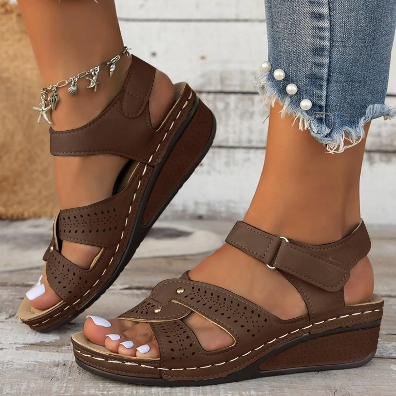 SuanlaTDS Women's Orthopedic Sandals Wedge 2025 Comfortable Arch Support Adjustable Ankle Strap Dressy Summer Open Toe Outdoor Walking Shoes Platform Low Heels Bohemian Wedges Sandal