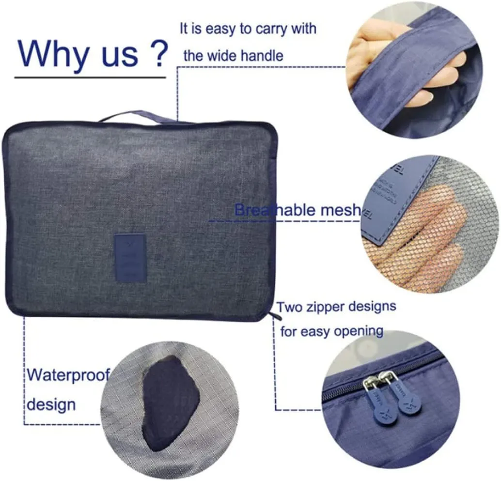 Suitcase Organiser Bags, Packing Cubes for Suitcase Travel Luggage Waterproof Bag Cosmetics Toiletries Bag Navy Blue 6PCS