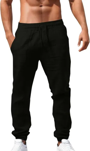 Summer Linen Pants for Men Workout Track Pant Stretch Elastic Waist Classic Fit Trousers Gym Golf Sweatpants