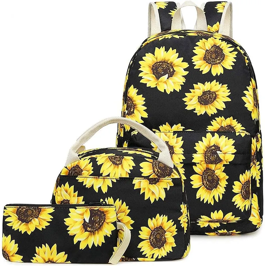 Sunborls Backpack for Teen Girls Lightweight High-capacity Middle Student Bookbag Women Backpack With Insulated Lunch bag Pencil Bags Student Bookbags 3Pcs(Sunflower
