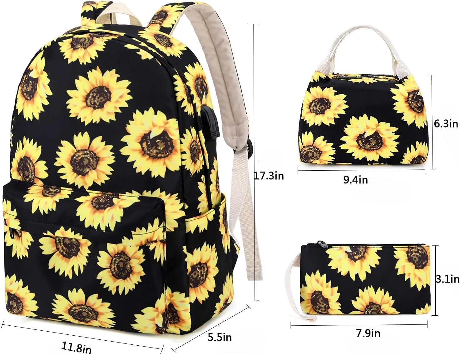 Sunborls Backpack for Teen Girls Lightweight High-capacity Middle Student Bookbag Women Backpack With Insulated Lunch bag Pencil Bags Student Bookbags 3Pcs(Sunflower