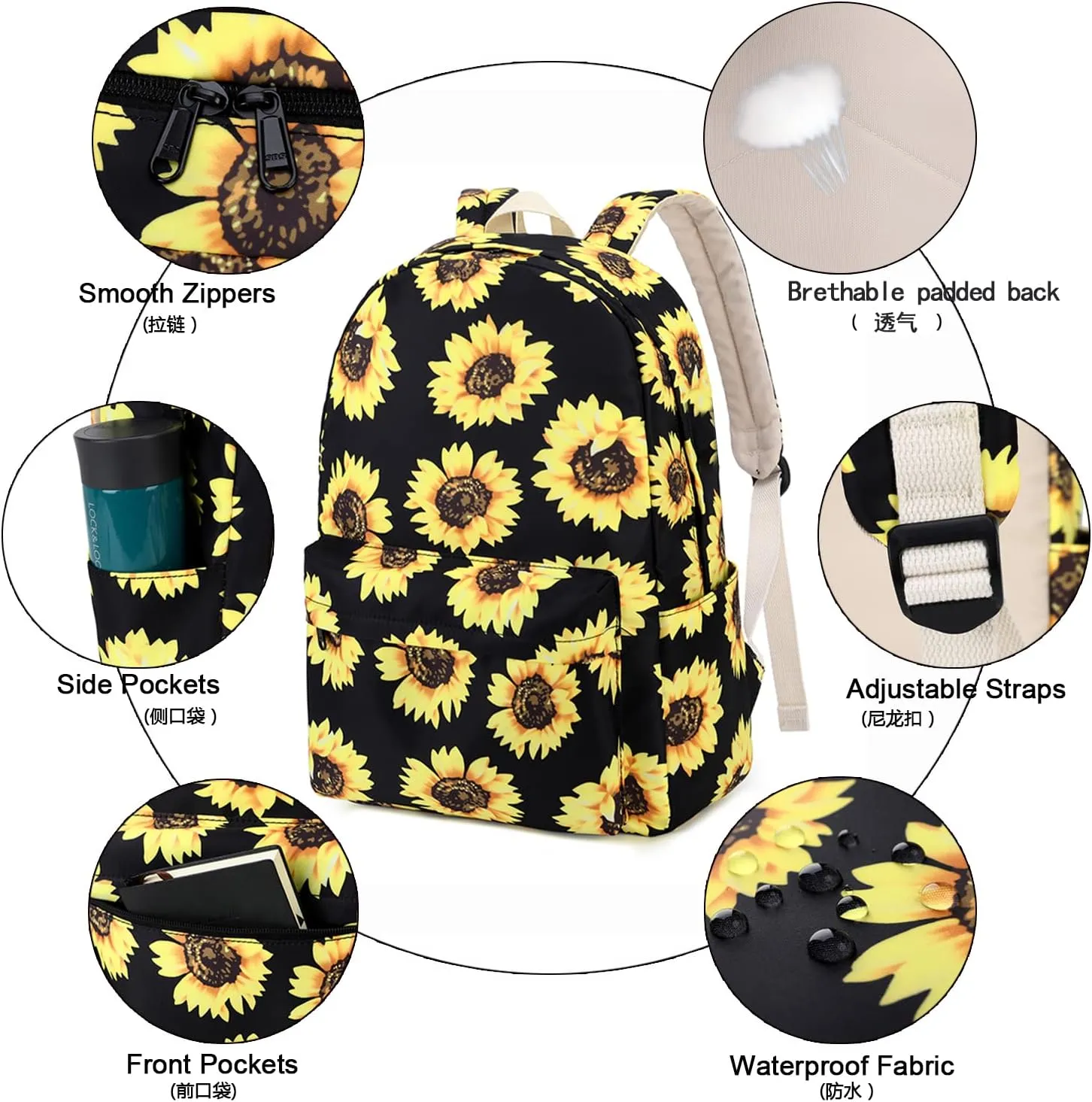 Sunborls Backpack for Teen Girls Lightweight High-capacity Middle Student Bookbag Women Backpack With Insulated Lunch bag Pencil Bags Student Bookbags 3Pcs(Sunflower