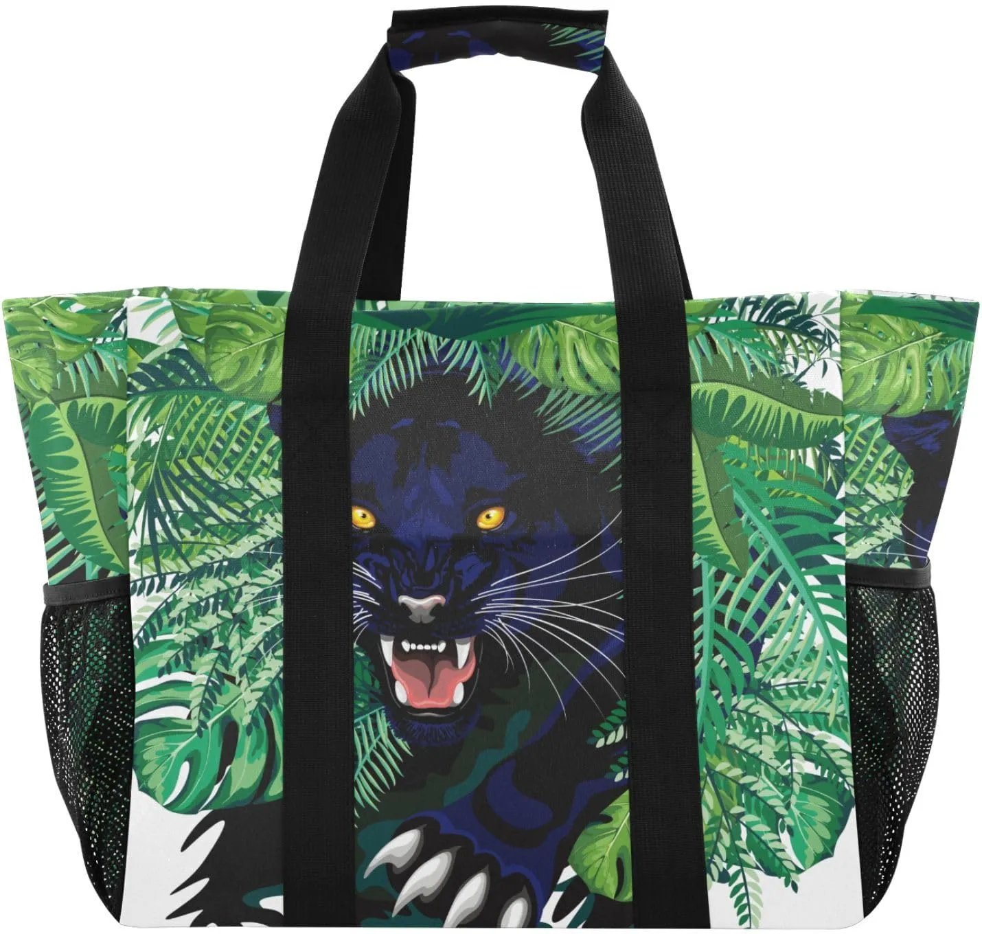 susiyo Black Panther Jungle Spirit Reusable Grocery Tote Bag Collapsible Canvas Beach Bag Large Travel Bags for Hiking Trip Pool