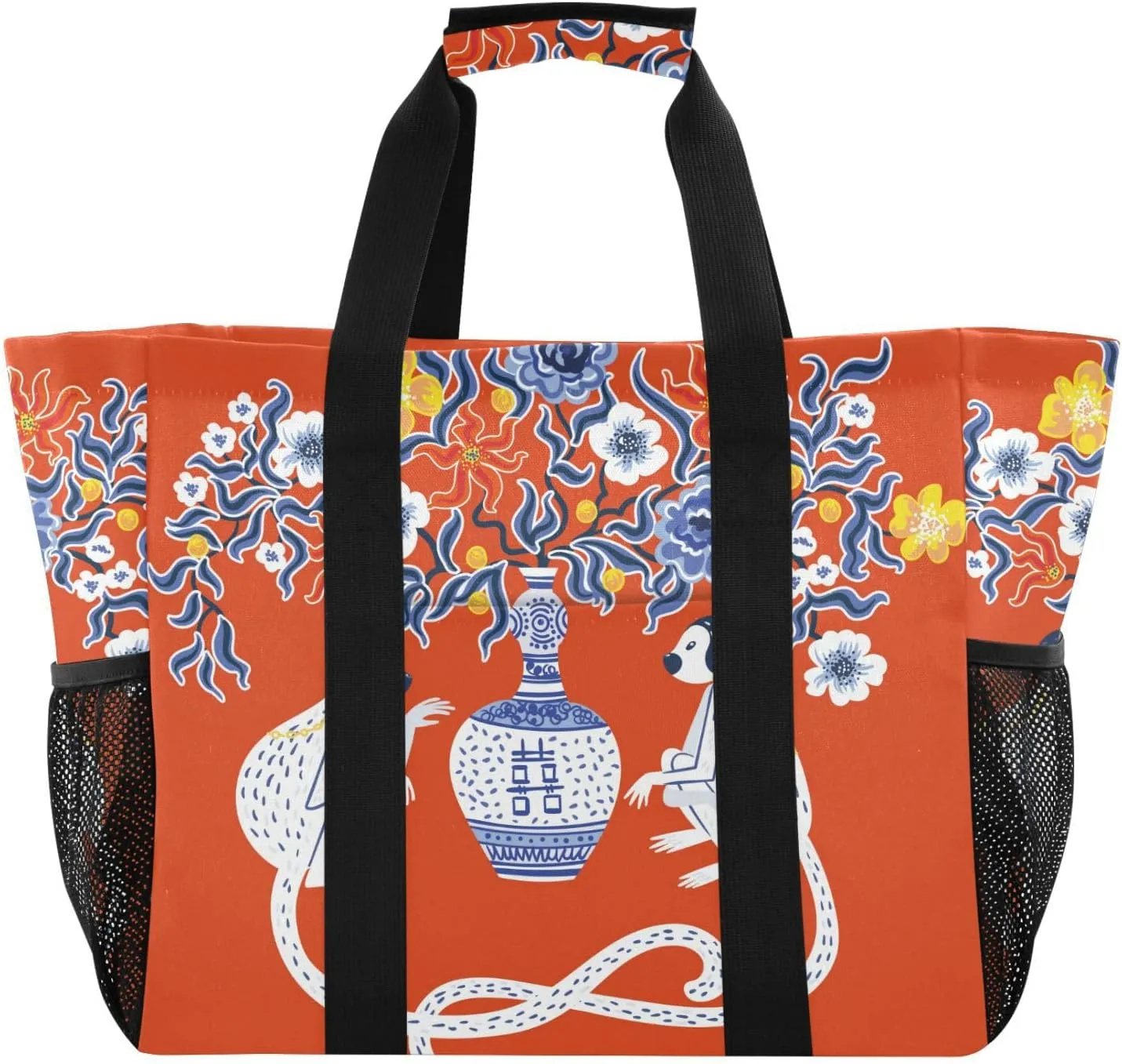 susiyo Chinoiserie Style Monkey Flowers Reusable Grocery Tote Bag Collapsible Canvas Beach Bag Large Travel Bags for Hiking Trip Pool