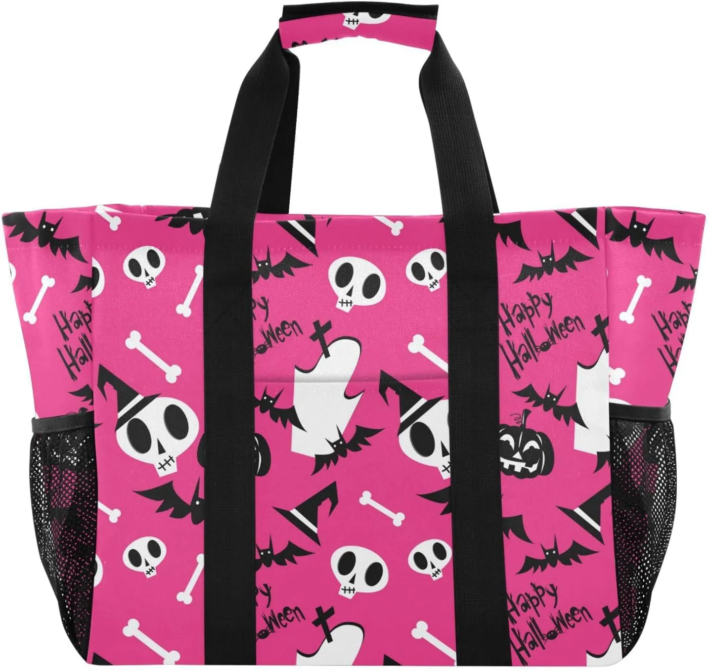 susiyo Cute Halloween Ghost Skeleton on Pink Reusable Grocery Tote Bag Collapsible Canvas Beach Bag Large Travel Bags for Hiking Trip Pool
