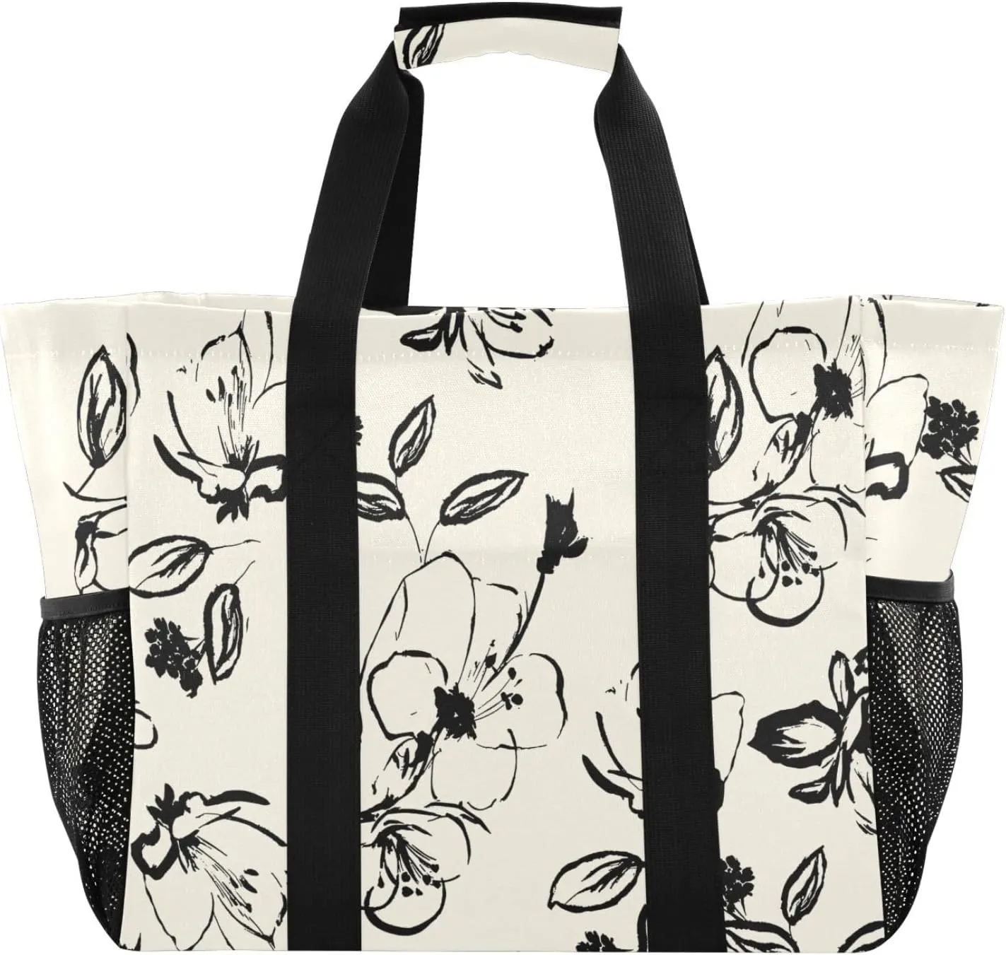 susiyo Flowers Pattern Black and White Reusable Grocery Tote Bag Collapsible Canvas Beach Bag Large Travel Bags for Hiking Trip Pool