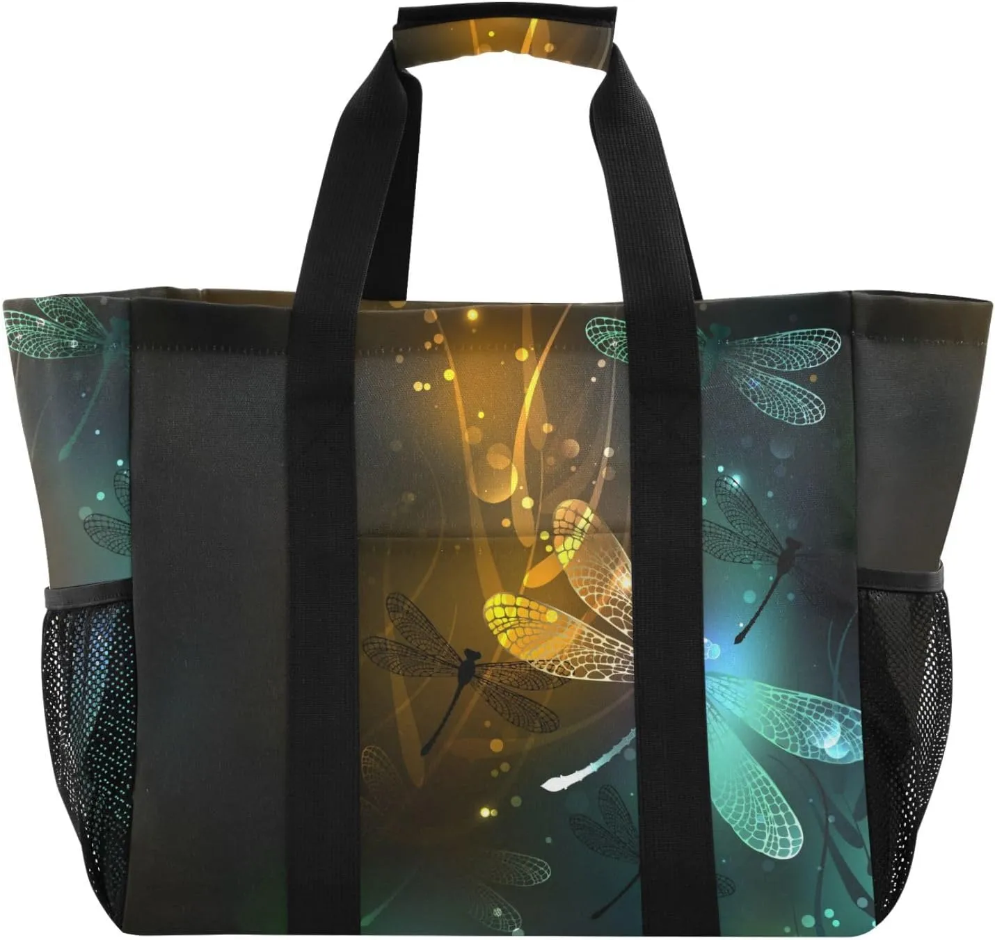 susiyo Glowing Dragonfly Reusable Grocery Tote Bag Collapsible Canvas Beach Bag Large Travel Bags for Hiking Trip Pool