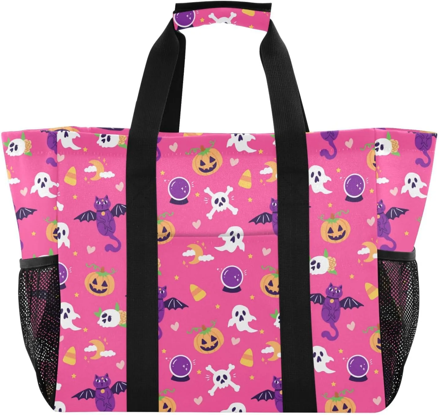 susiyo Halloween Cat Pumpkin Ghost on Pink Reusable Grocery Tote Bag Collapsible Canvas Beach Bag Large Travel Bags for Hiking Trip Pool