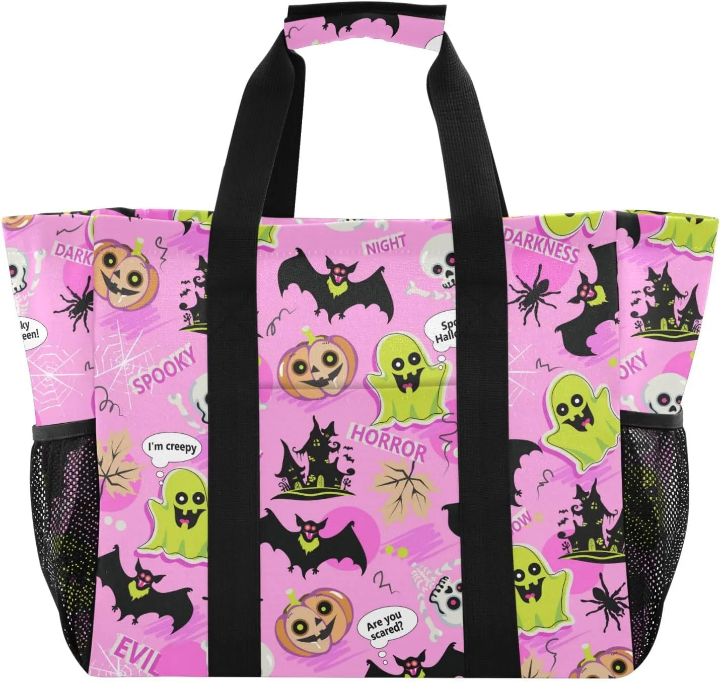 susiyo Halloween Doodles Gost Pumpkin Bat Reusable Grocery Tote Bag Collapsible Canvas Beach Bag Large Travel Bags for Hiking Trip Pool