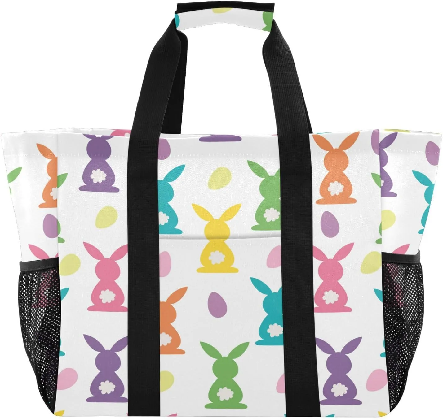 susiyo Happy Easter Colored Bunny Reusable Grocery Tote Bag Collapsible Canvas Beach Bag Large Travel Bags for Hiking Trip Pool