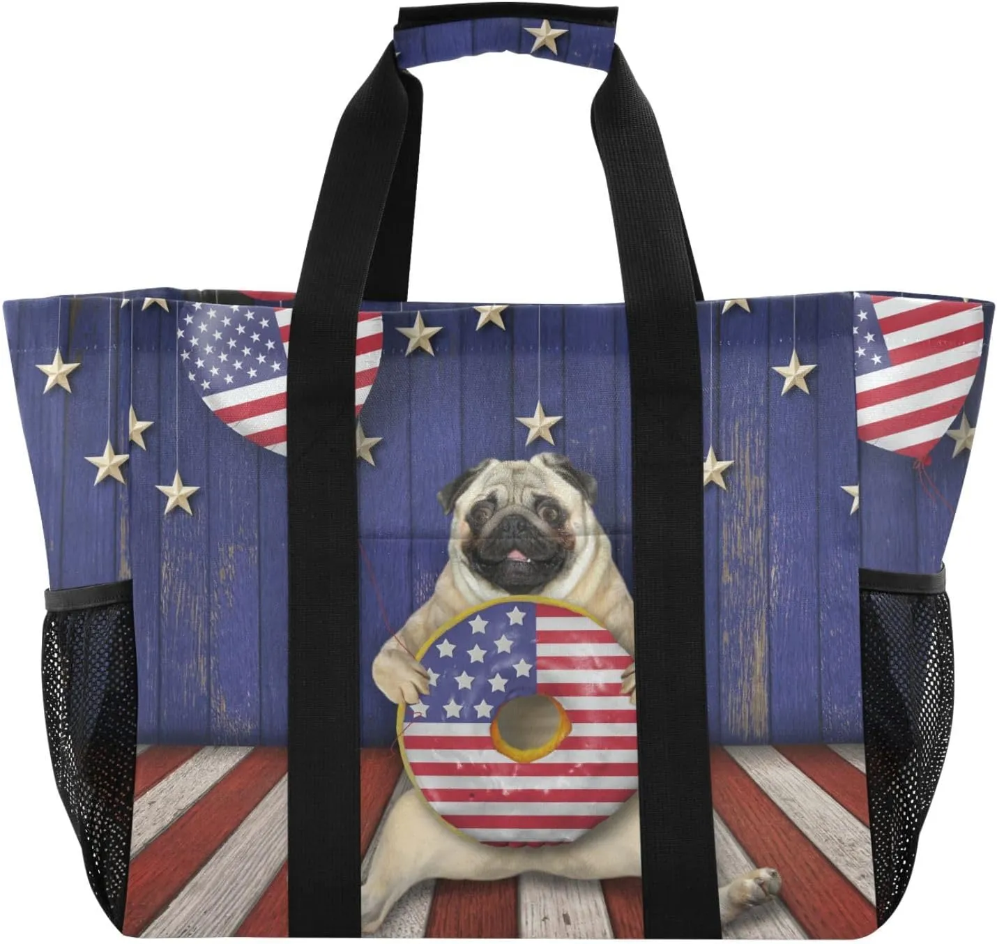 susiyo Patriotic Dogs and Donuts Reusable Grocery Tote Bag Collapsible Canvas Beach Bag Large Travel Bags for Hiking Trip Pool