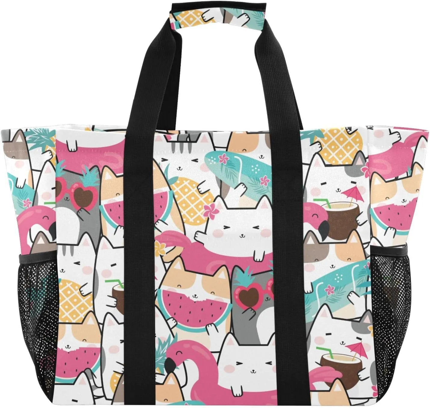 susiyo Summer Cute Cats Reusable Grocery Tote Bag Collapsible Canvas Beach Bag Large Travel Bags for Hiking Trip Pool