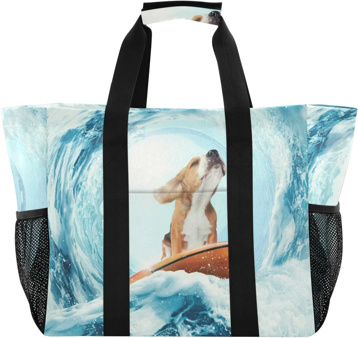 susiyo Summer Funny Beagle Dog Surfing Reusable Grocery Tote Bag Collapsible Canvas Beach Bag Large Travel Bags for Hiking Trip Pool