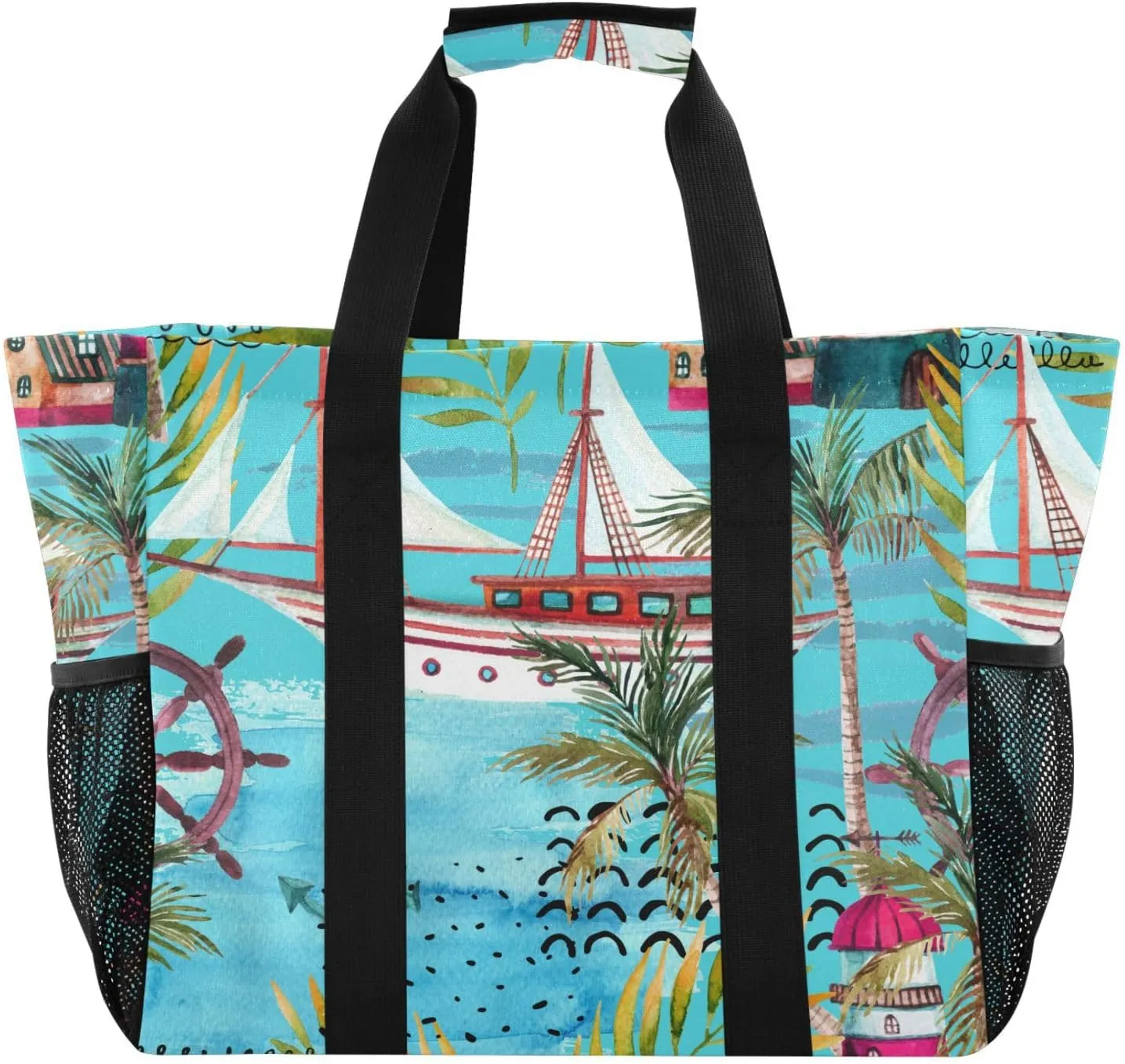 susiyo Summer Lighthouse Yacht Palm Trees Leaves Reusable Grocery Tote Bag Collapsible Canvas Beach Bag Large Travel Bags for Hiking Trip Pool