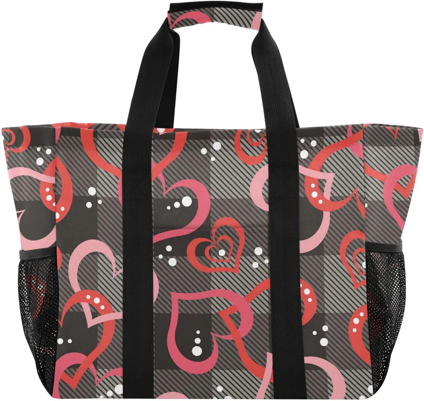 susiyo Valentine Hearts on Gray and Black Plaid Reusable Grocery Tote Bag Collapsible Canvas Beach Bag Large Travel Bags for Hiking Trip Pool