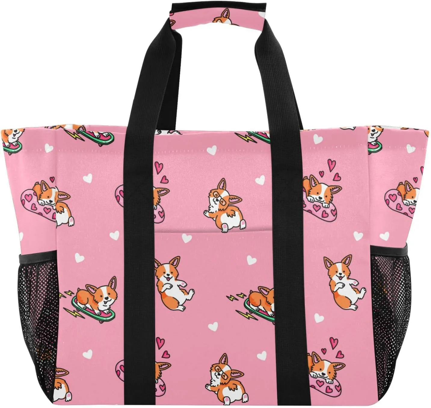 susiyo Valentine Welsh Corgi Dogs Pink Reusable Grocery Tote Bag Collapsible Canvas Beach Bag Large Travel Bags for Hiking Trip Pool