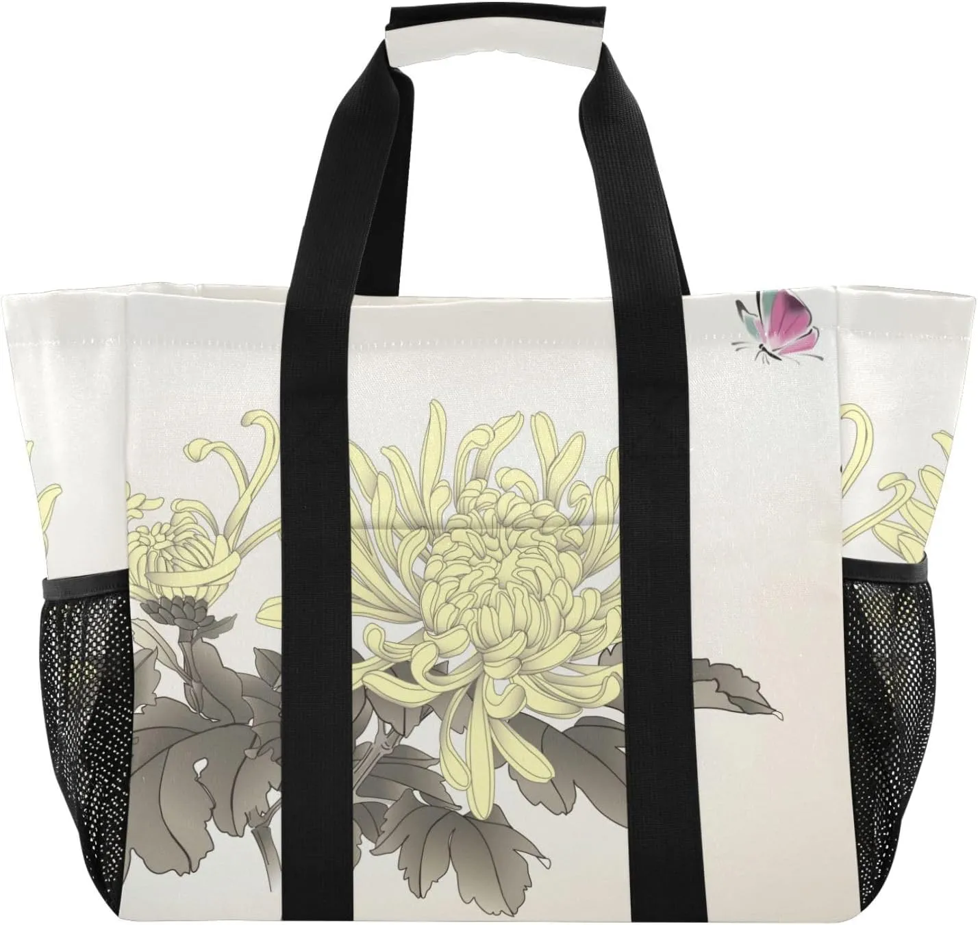 susiyo Vintage Chrysanthemums and Butterflies Reusable Grocery Tote Bag Collapsible Canvas Beach Bag Large Travel Bags for Hiking Trip Pool