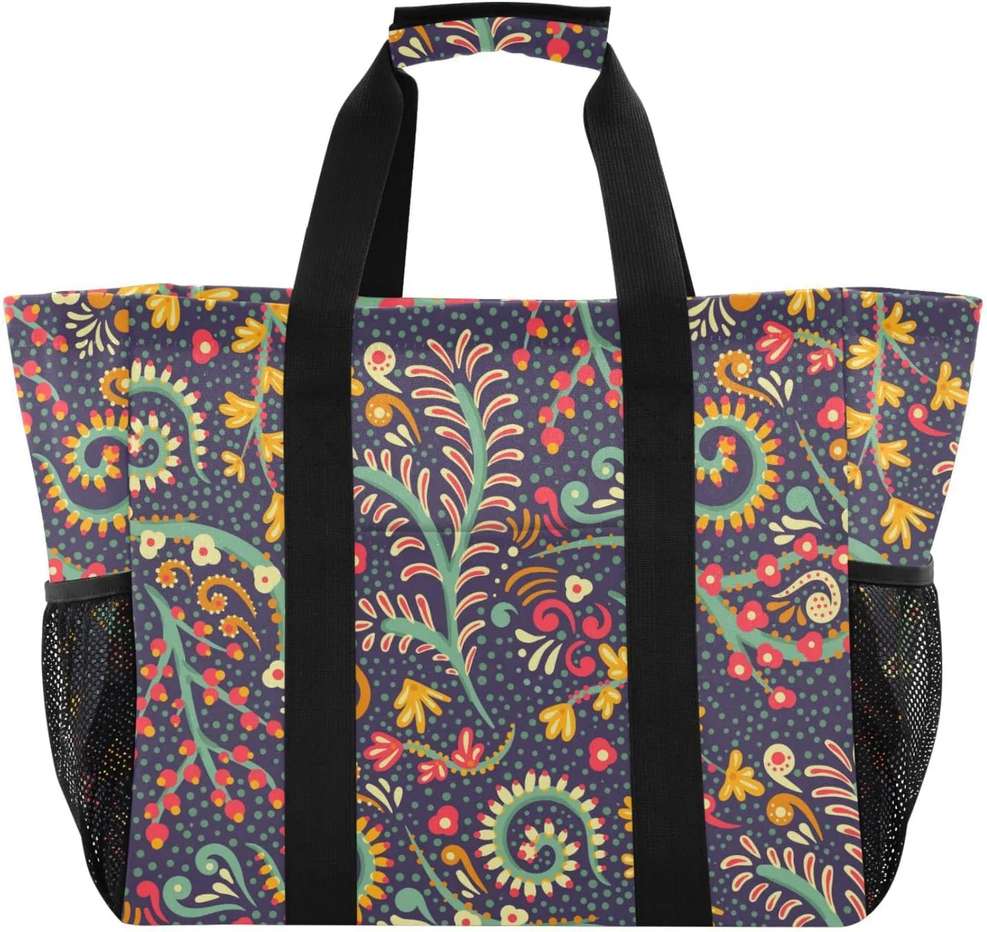 susiyo Vintage Indian Floral Reusable Grocery Tote Bag Collapsible Canvas Beach Bag Large Travel Bags for Hiking Trip Pool