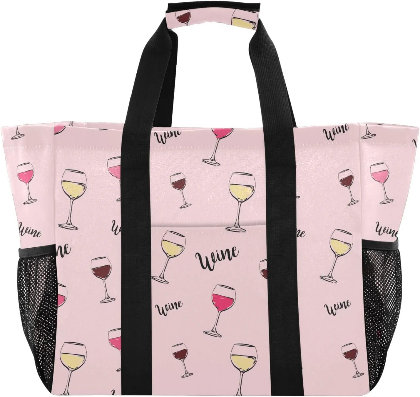 susiyo Wine Glasses on Pink Reusable Grocery Tote Bag Collapsible Canvas Beach Bag Large Travel Bags for Hiking Trip Pool