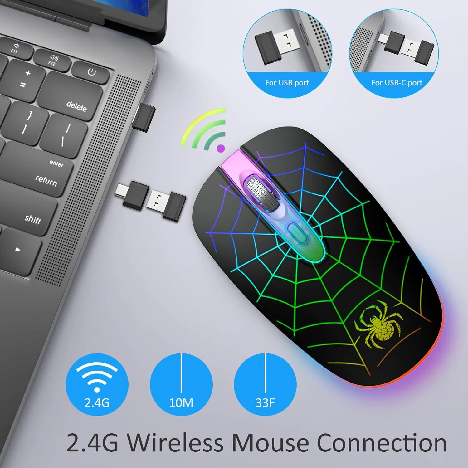 TaIYanG Wireless Mouse, 2.4G Portable Optical Quiet Cute Mouse with USB Receiver and Type C Adapter, 3 Adjustable DPI LED Wireless Mouse for Laptop, Computer, PC, MacBook, Desktop